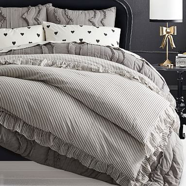 Emily & Meritt Ruffle Stripe Duvet Cover & Sham - Charcoal/Ivory | Pottery Barn Teen