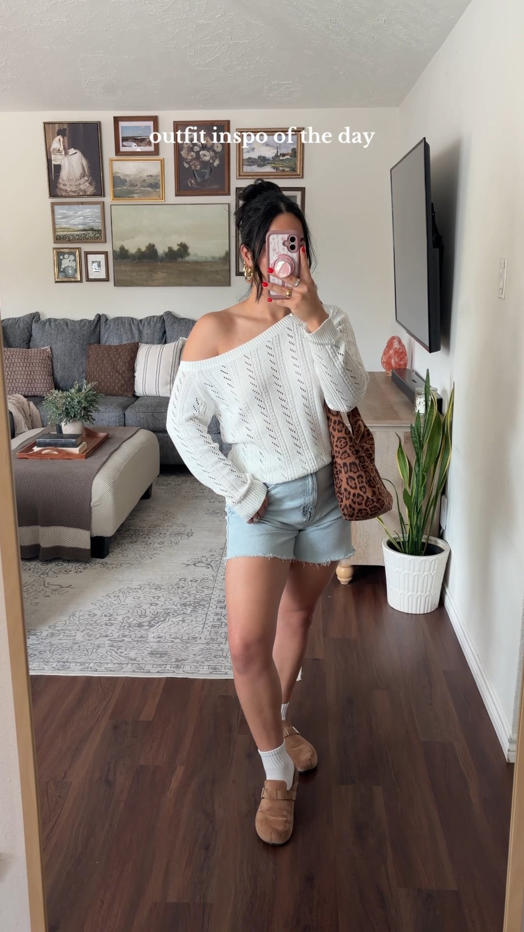 comfy casual transitional ootd 🍂  white sweater, white knit sweater, off shoulder sweater, one shoulder sweater, oversized sweater, cable knit sweater, open knit sweater, knit top, denim shorts, high waisted denim shorts, light wash denim shorts, cutoff shorts, sweater and shorts outfit, white and denim outfit, brown clogs, suede clogs, clog shoes, brown shoes, white socks, leopard print bag, leopard print tote, leopard print handbag, animal print accessories, casual outfit, casual chic outfit, fall outfit, fall fashion, autumn outfit, transitional outfit, summer to fall outfit, cozy fall outfit, everyday outfit, weekend outfit, cute casual outfit, effortless outfit, neutral outfit, western inspired outfit, western chic outfit, boho outfit, country chic outfit, cottagecore outfit, coffee run outfit, errands outfit, brunch outfit, casual weekend style, cozy outfit ideas, fall layering, timeless style, LTK fashion, LTK outfit, outfit inspiration, cupshe outfit, cupshe top  

 #LTKdayinmylife #LTKgrwm #LTKootd