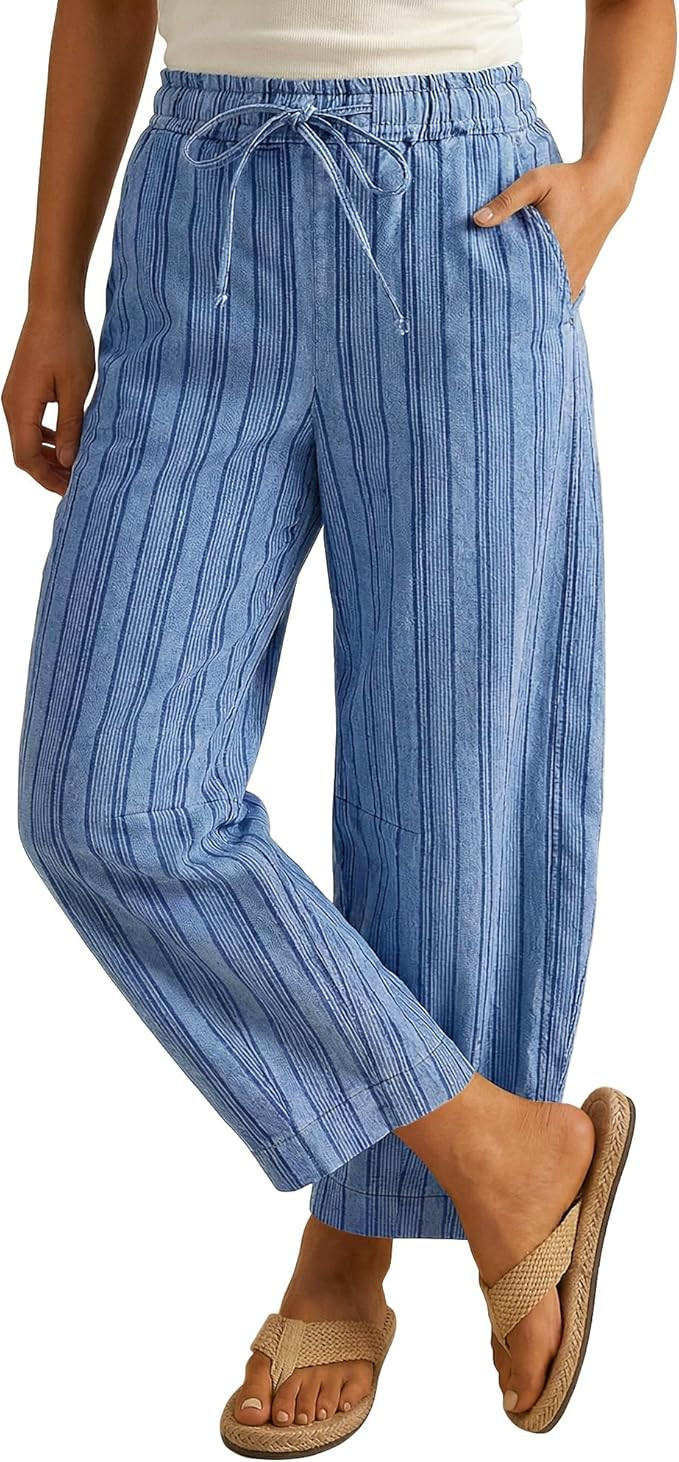 luvamia Barrel Jeans Women Trendy Striped Cropped High Waisted Pull On Elastic Waist Wide Leg Cas... | Amazon (US)