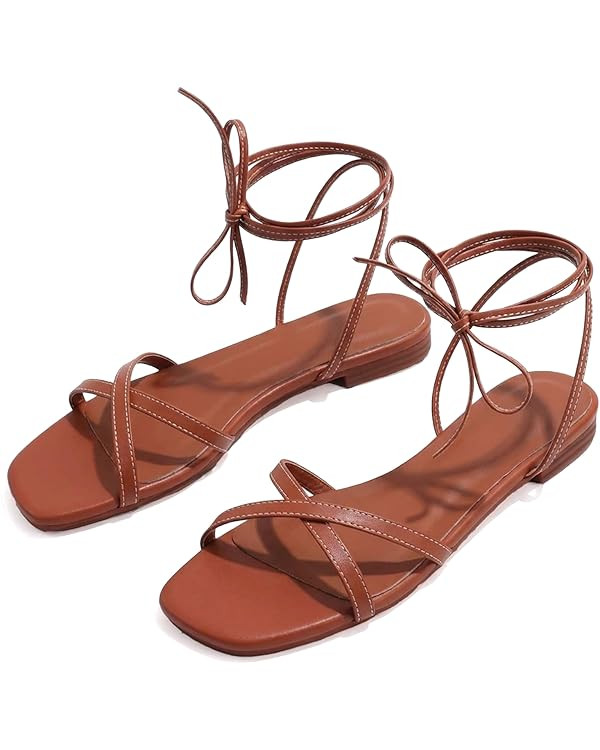 Strappy Flats Sandals for Women Comfortable Square Toe Lace Up Slides Beach Gladiator Wrap Sandal... | Amazon (US)