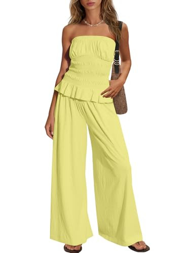 Panadila Women Pants Sets 2 Piece Outfits Matching Lounge Sets Smocked Tops and Wide Leg Pants Travel Outfits (Avocado Green,L) | Amazon (US)