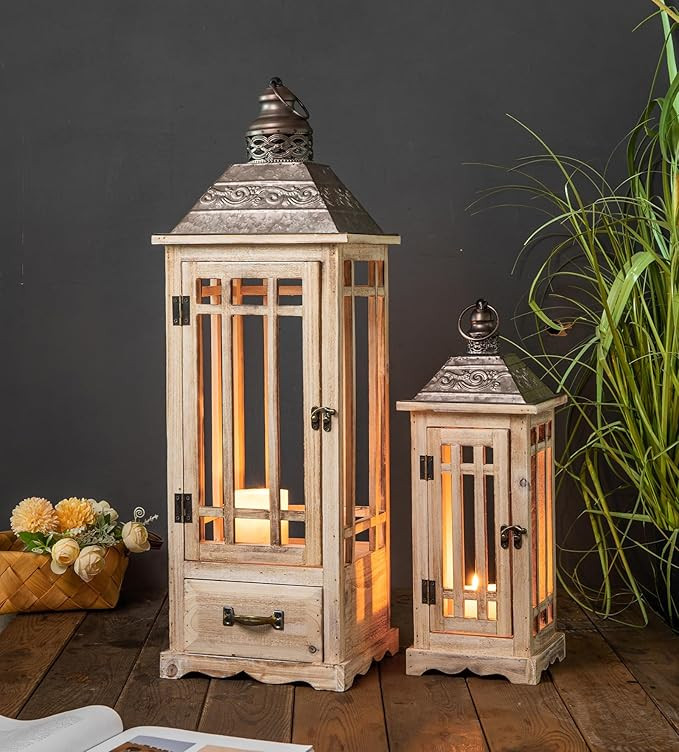 TIMRIS Large Rustic Wooden Metal Decorative Lantern Set of 2, Modern Farmhouse Floor Candle Lante... | Amazon (US)