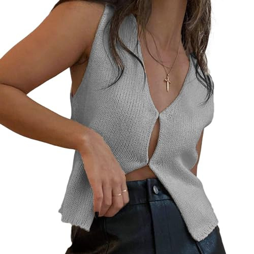 Women's Y2k Knit Vest Top Crochet V-Neck Sleeveless Shirt Summer Going Out Tops Vintage Casual Streetwear (Grey, L) | Amazon (US)