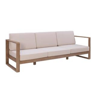 Linon Home Decor Sloane Natural Wood Outdoor 3 Seater Sofa Sectional with Beige Cushions THDOD450... | The Home Depot