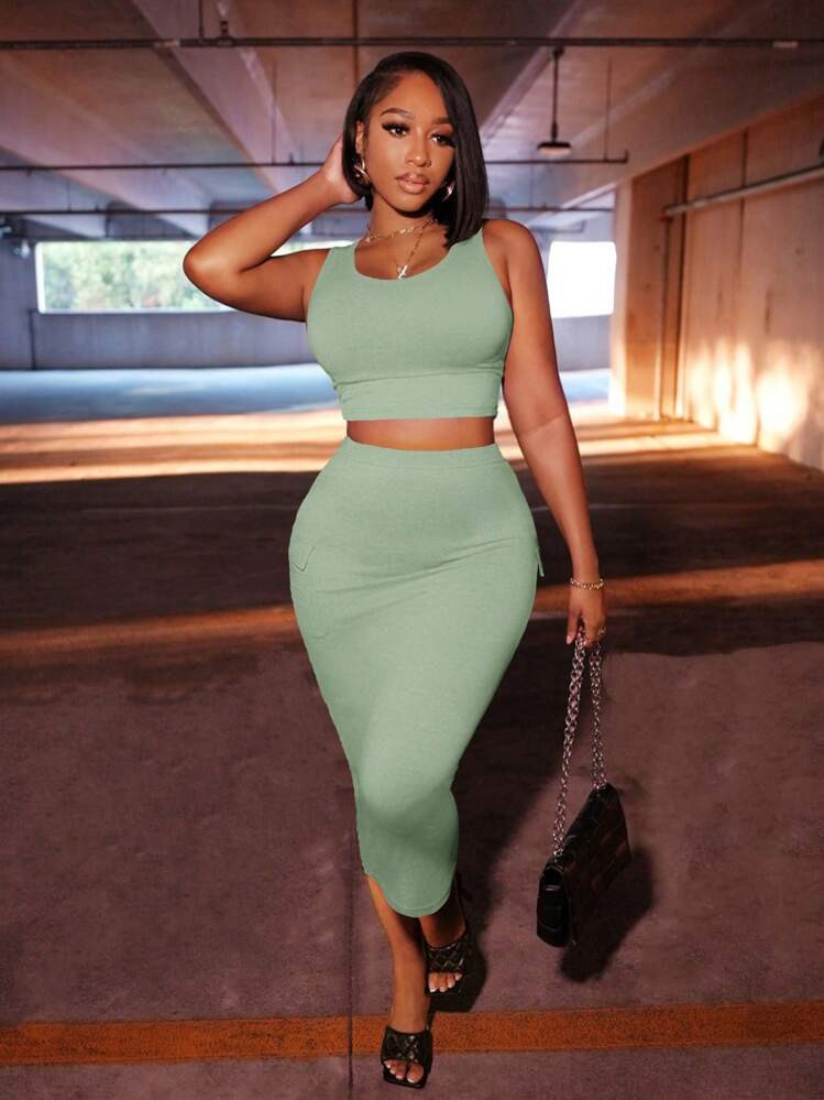 Slaydiva Casual Street Tank Top And Utility Pocket Midi Skirt Two-Piece Set - Gray | SHEIN