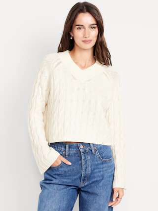 Wool-Blend V-Neck Cable Cropped Sweater | Old Navy (US)