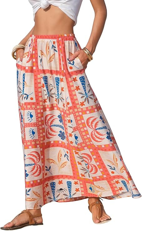 EXLURA Womens Summer Elastic Waist Floral Print Maxi Long Skirt Midi Flowy Skirt Spring Boho Beac... | Amazon (US)