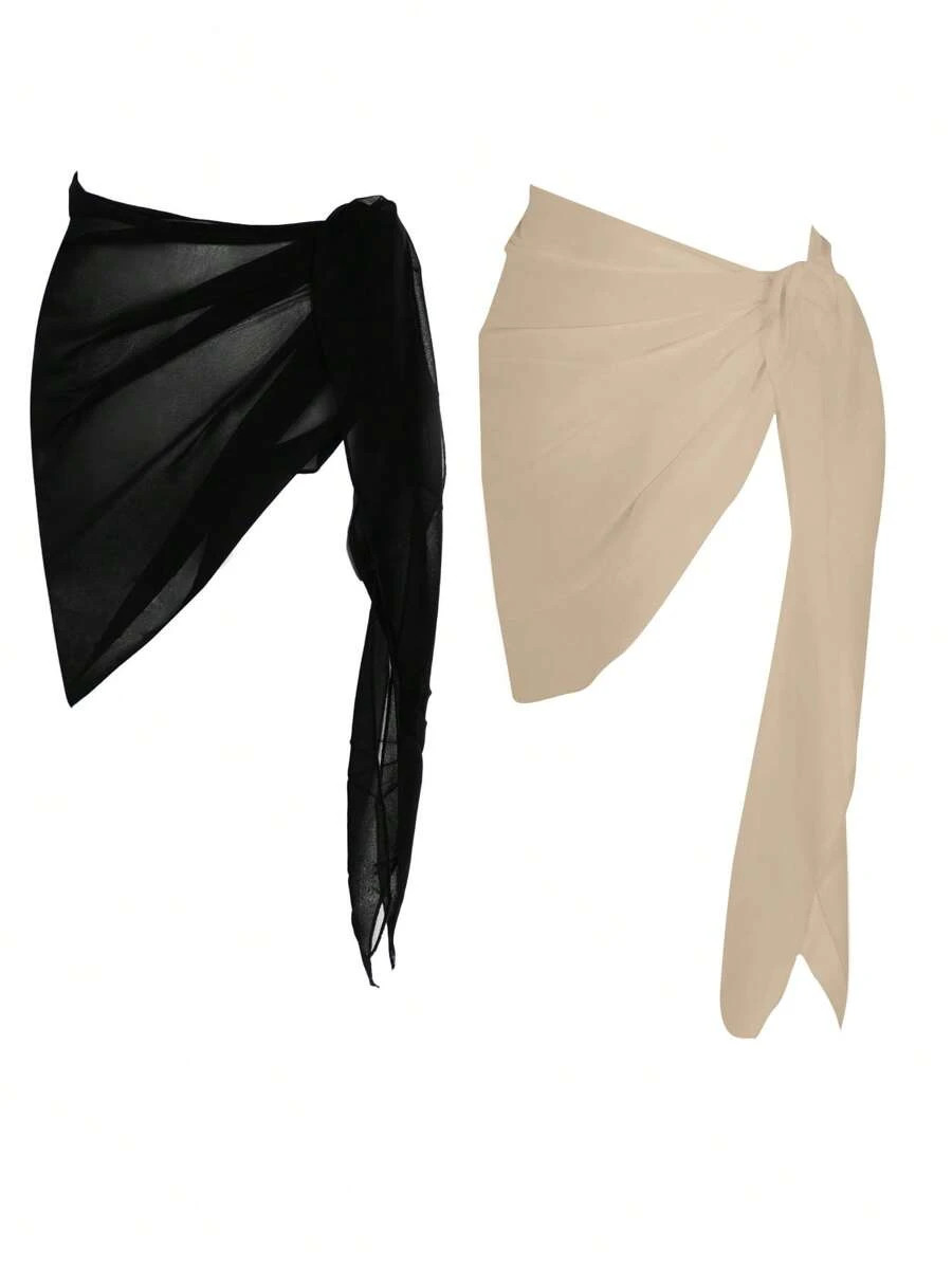 SHEIN Swim Summer Beach 2pack Solid Chiffon Knot Side Cover Up Skirt | SHEIN