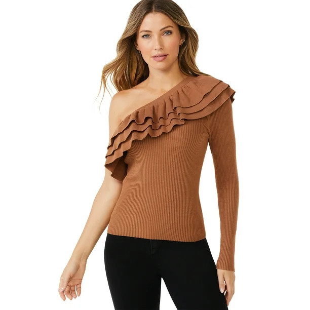 Sofia Jeans by Sofia Vergara Women's One-Shoulder Ruffle Sweater - Walmart.com | Walmart (US)