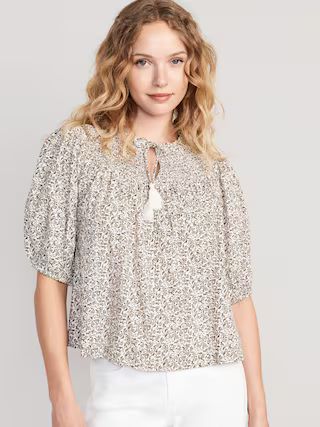 Puff-Sleeve Tie-Front Embroidered Swing Top for Women | Old Navy (US)