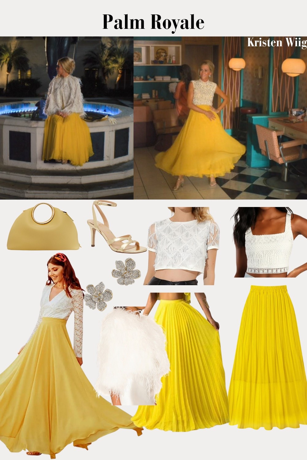 Maxine wears a white and yellow color blocked dress with a feather cape

#LTKStyleTip