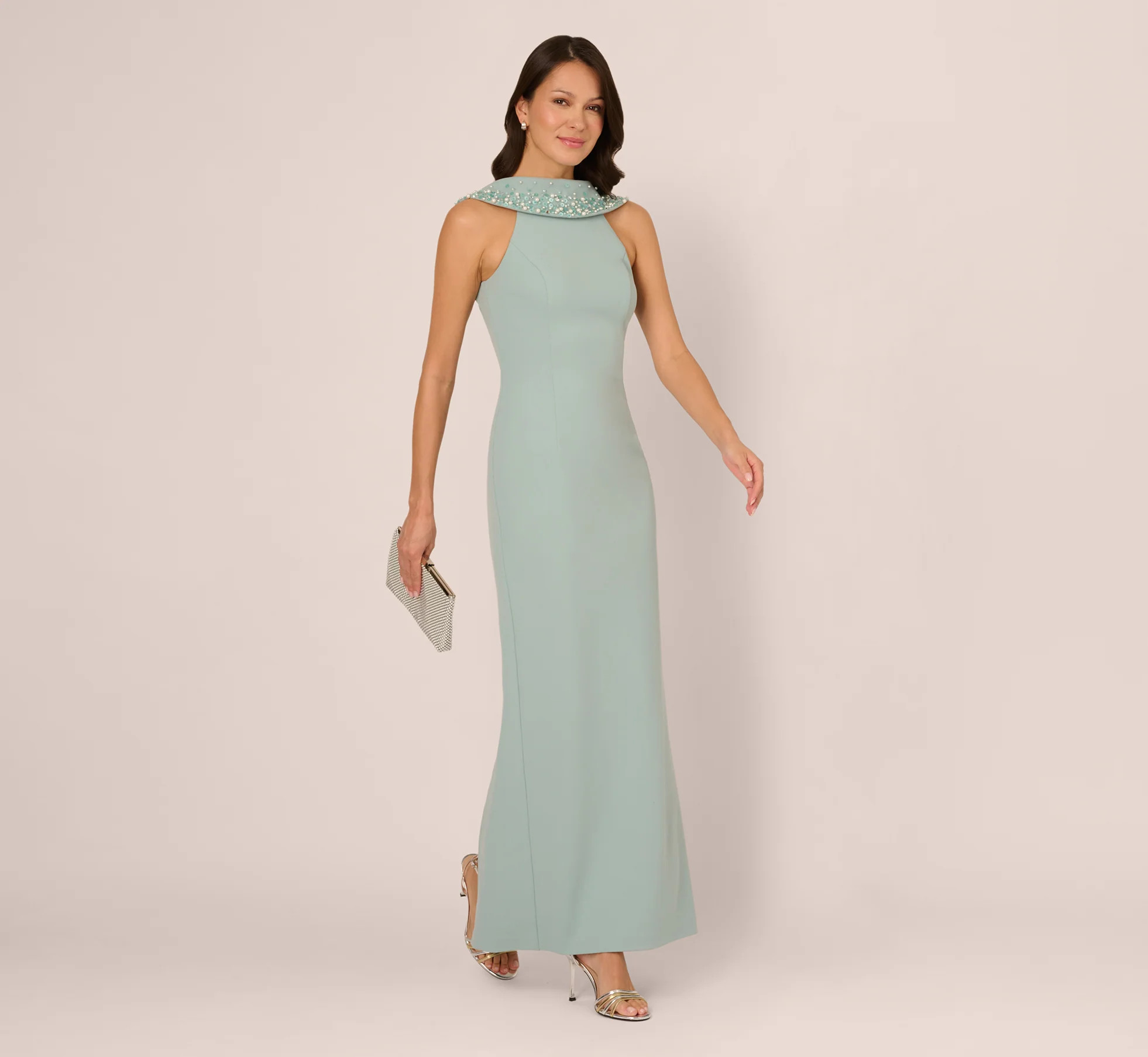 Blue Beaded Roll Neck Column Gown - Adrianna Papell | Adrianna Papell