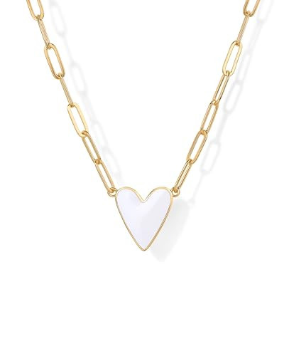 PAVOI 14K Yellow Gold Plated White Blue Enamel Pendant Necklace for Women | Love Paperclip Chain Necklaces | White Enamel Heart Pendants | Amazon (US)