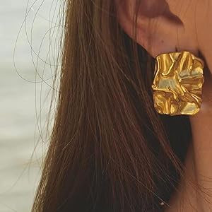 Geometric Rectangle Gold Stud Earrings Irregular Hammered Chunky Statement Square Earrings for Wo... | Amazon (US)