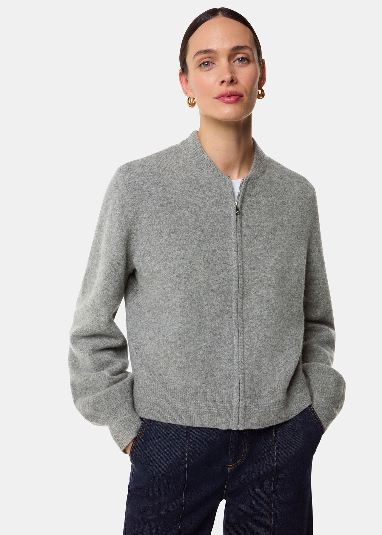 Grey Zip Front Bomber Jacket | WHISTLES | Whistles UK | | Whistles