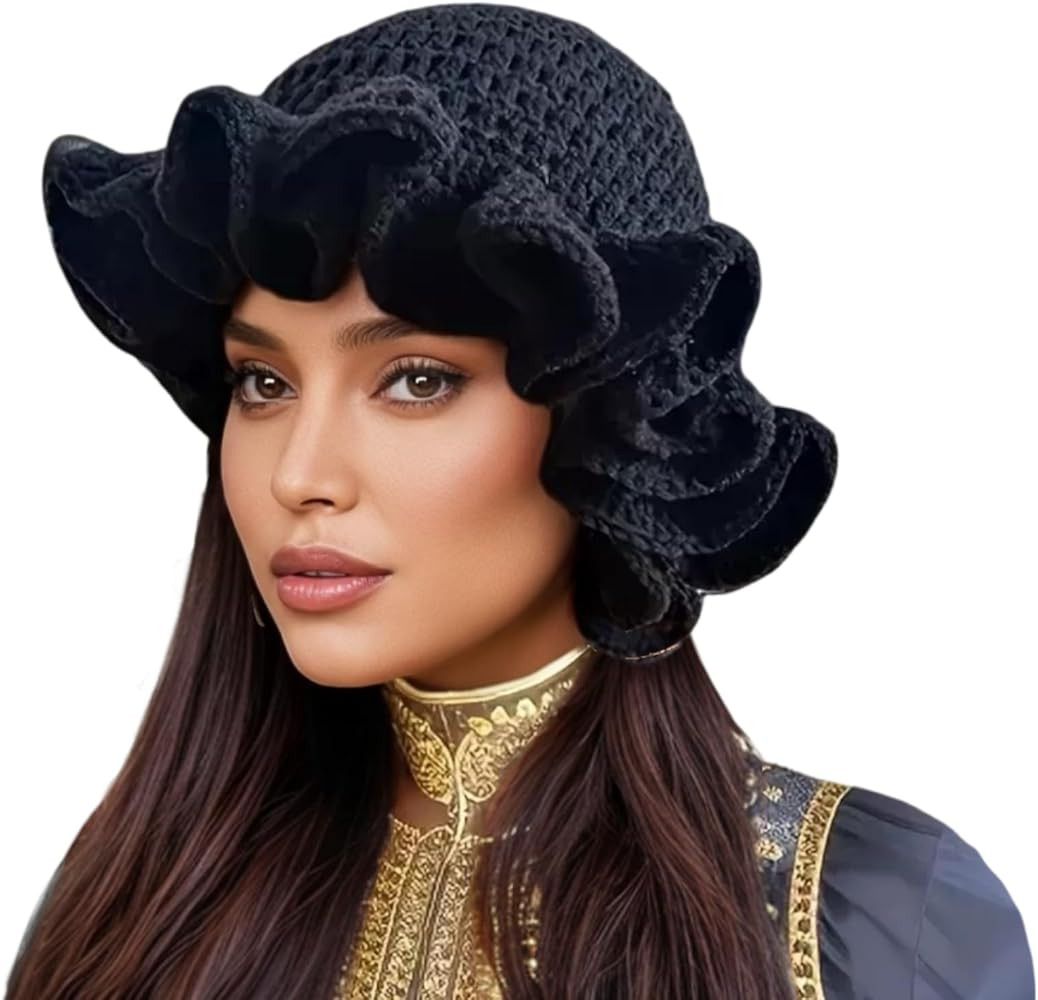 Crochet Bucket Hat for Women Ruffled Brim Knit Foldable Floppy Beach Hat Handmade Woven Fishing C... | Amazon (US)