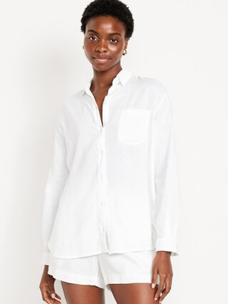 Linen-Blend Button-Down Boyfriend Shirt | Old Navy (US)