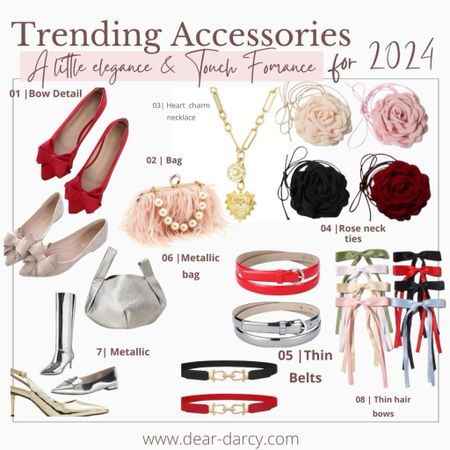 Trending accessories for 2024

A little elegance and a touch of Romance

It’s al about the little details, bows, metallics, the color red, flower touches and thin belts 

Hers a few of my affordable picks


#LTKfindsunder50 #LTKGiftGuide #LTKstyletip