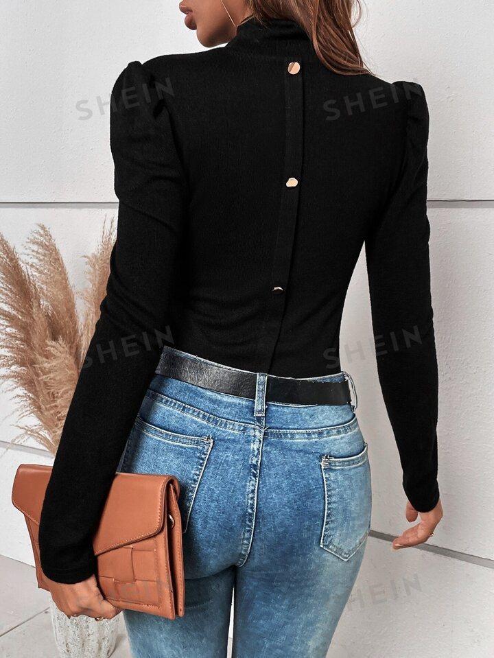 SHEIN Clasi Mock Neck Puff Sleeve Button Back Tee | SHEIN