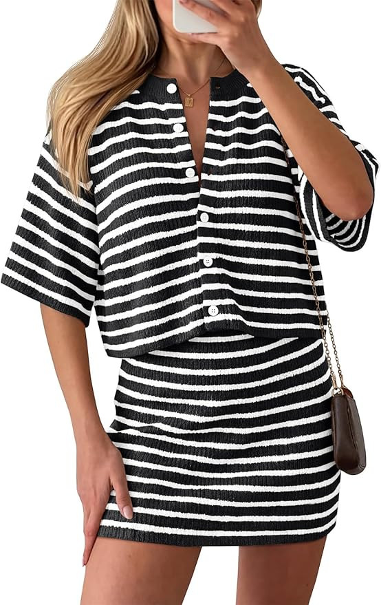 Saodimallsu Womens Two Piece Skirt Set Summer Striped Knit Short Sleeve Button Cardigans And Mini... | Amazon (US)