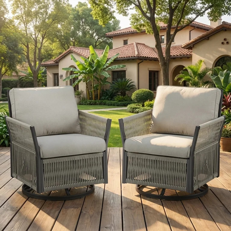 Opohoro Outdoor Swivel Chair Wicker Chairs Set of 2, Beige PE Rattan Patio Rockers with Beige Cus... | Walmart (US)