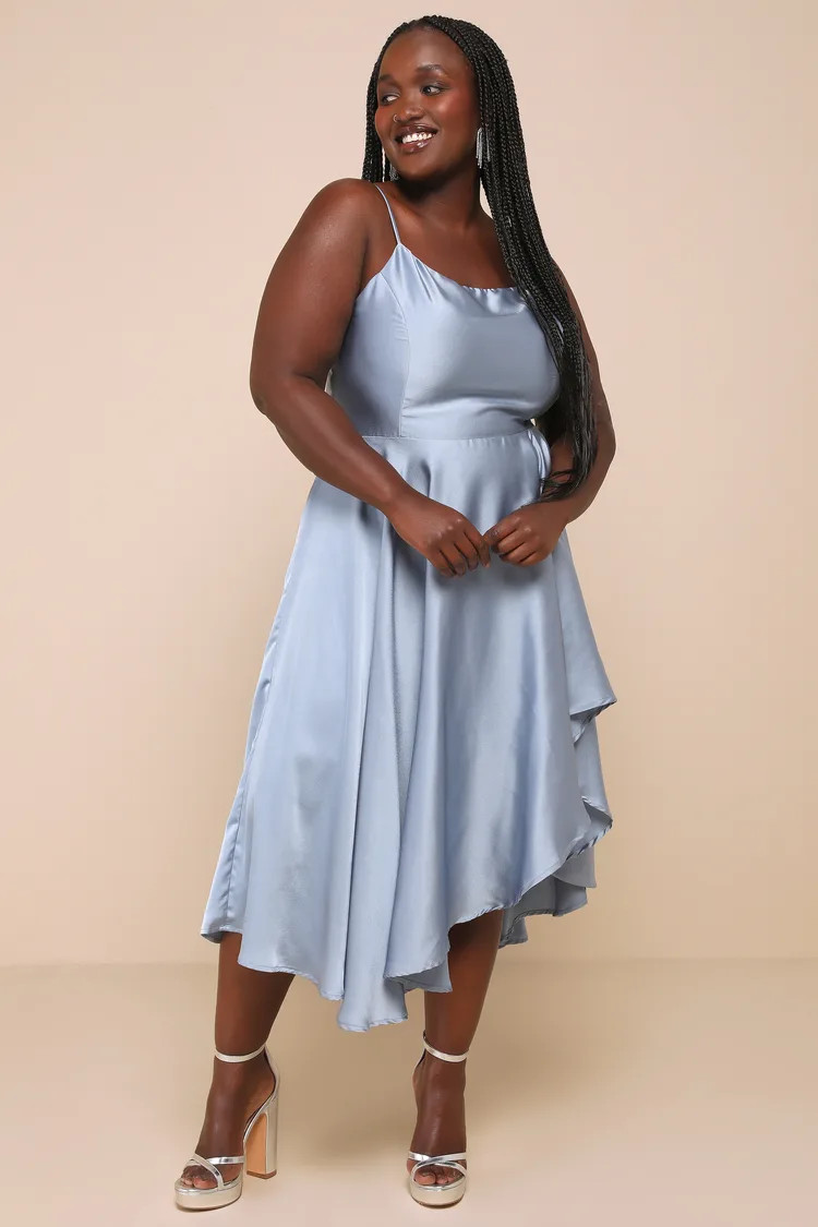 Days Like Today Blue Satin Asymmetrical Tie-Back Midi Dress | Lulus