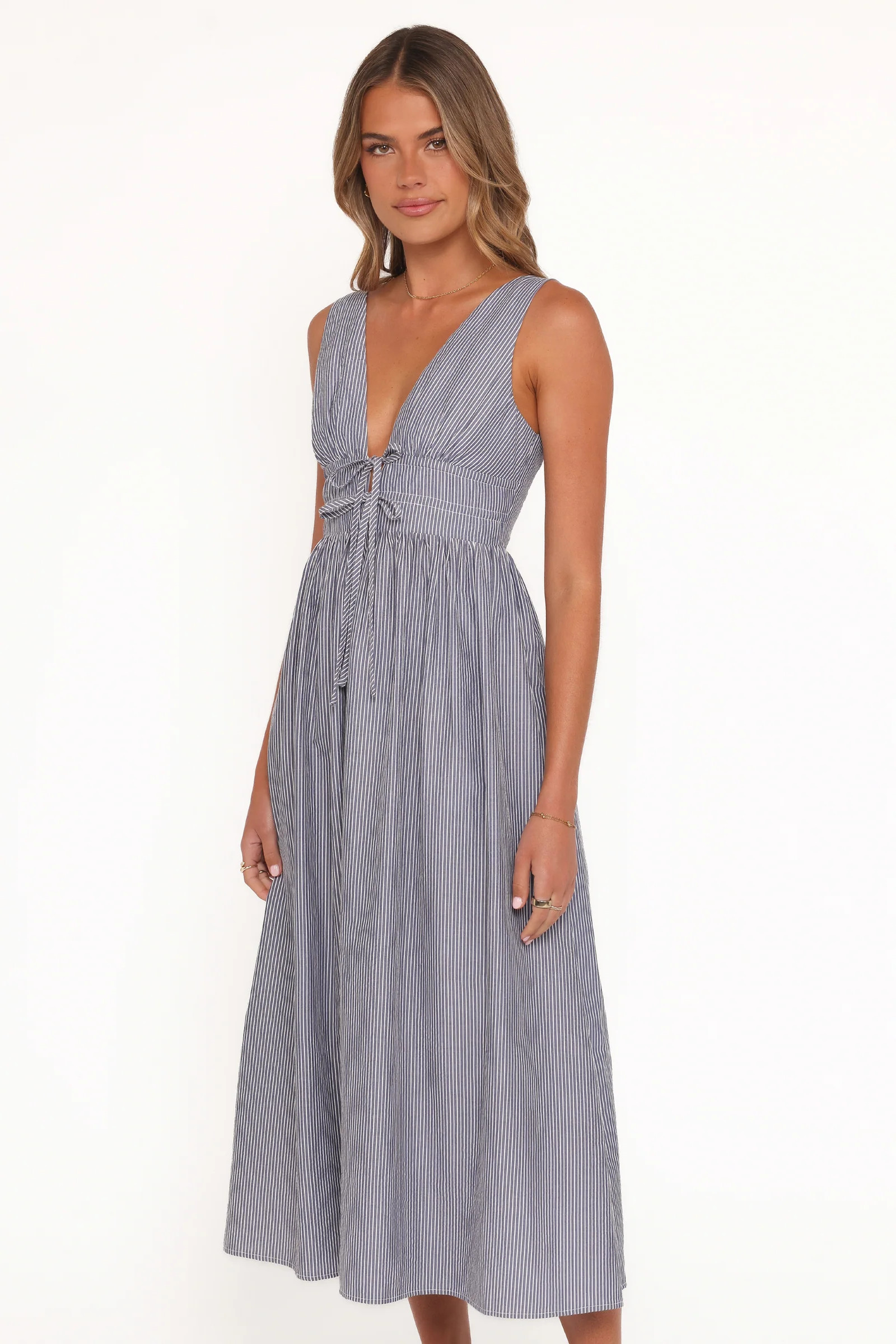 Annora Midi Dress - Navy Pinstripe | Petal & Pup (US)