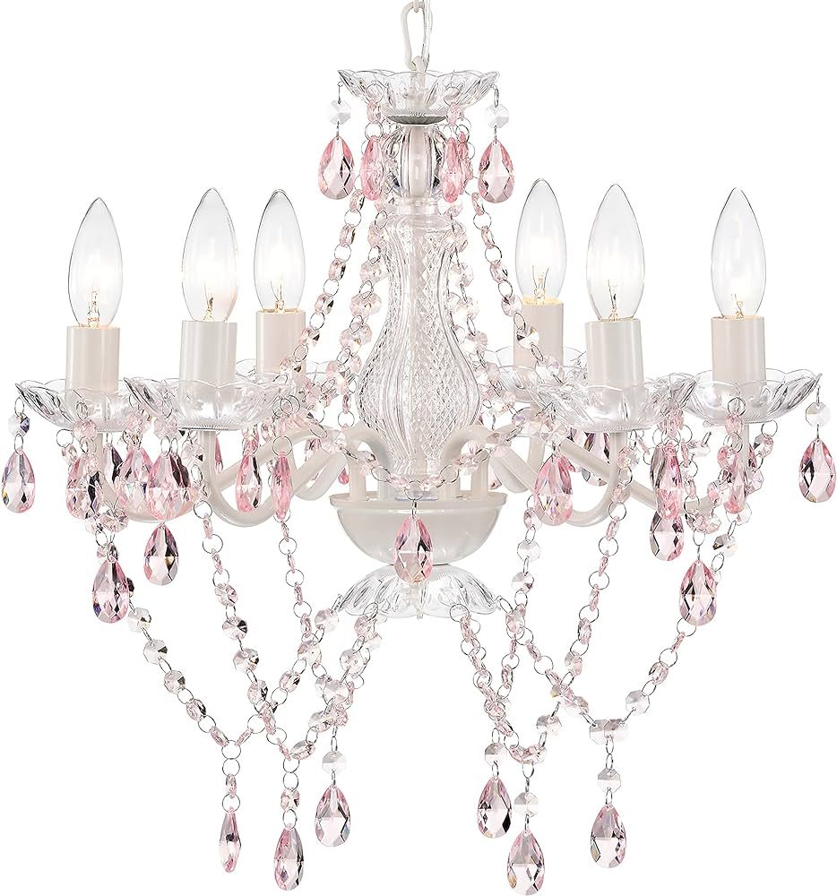 Mr.Color White Chandeliers Pink Crystal Chandelier Lighting Fixture 6 Light Candle Chandelier for... | Amazon (US)