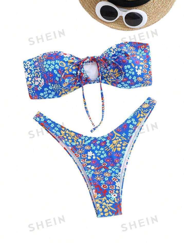 Ladies' Floral Printed Bandeau Bikini Swimsuit Set Carnival | SHEIN