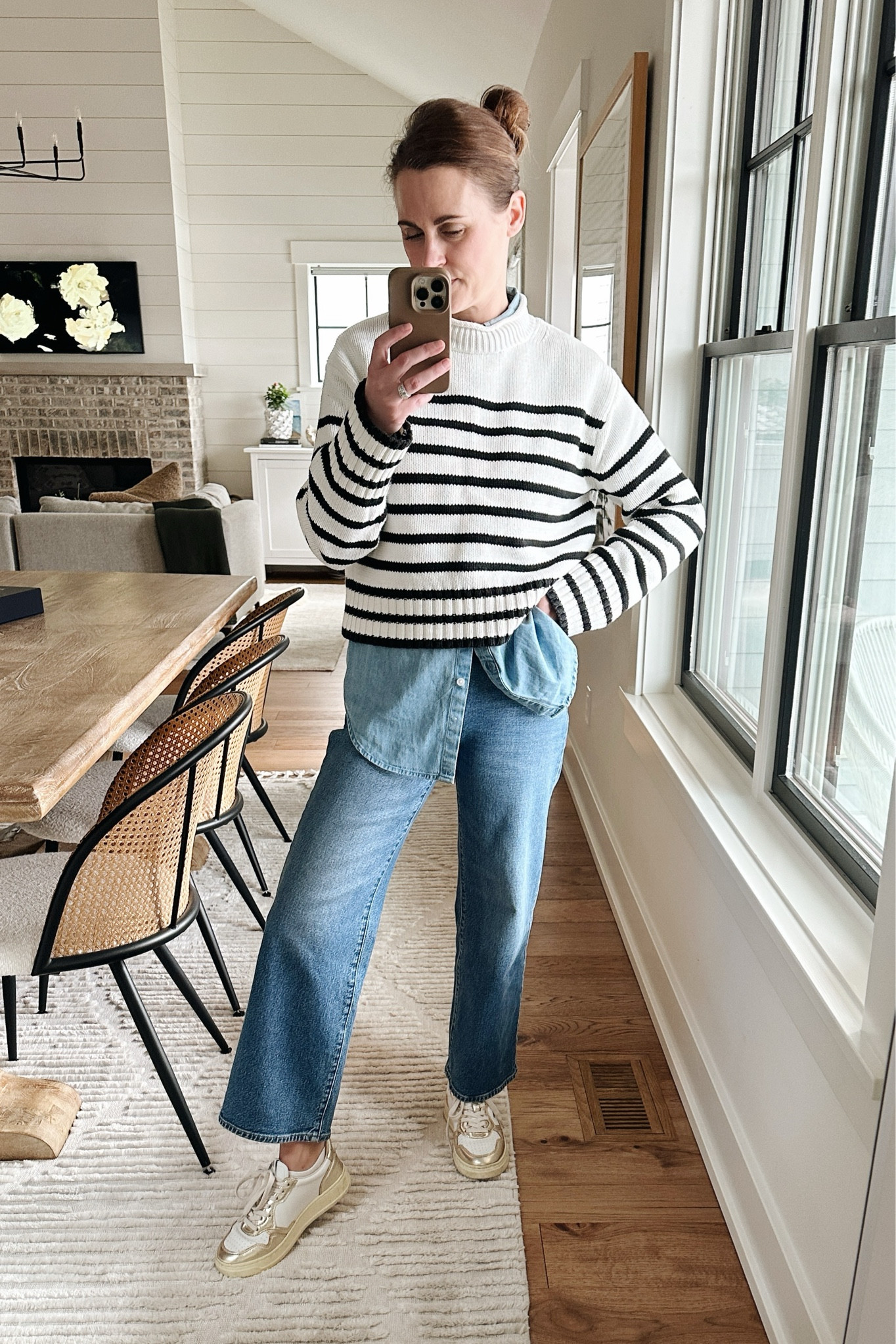 Sweater size small (mine is slightly different than the current style available)
Chambray top size small
Jeans size 25 (this color is out of stock, other colors available)
Shoes true to size 

#LTKStyleTip #LTKOver40 #LTKSeasonal