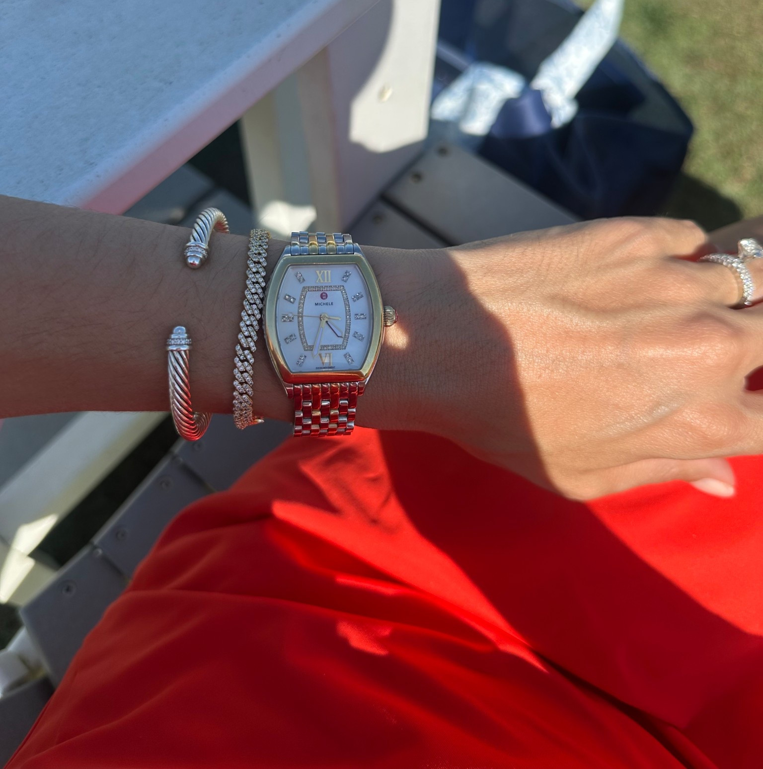 wrist stack 

David yurman 
electric picks tennis bracelet 
Michele watch 

Also / good mother’s day gift ideas 