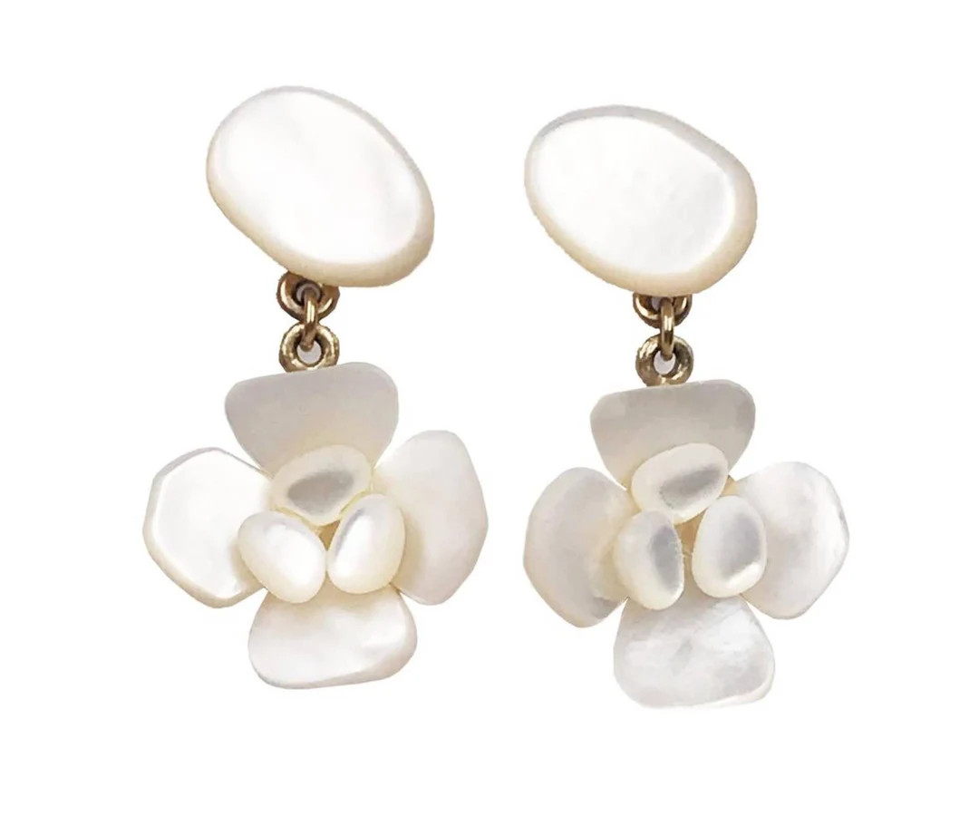 Chanel Rare Mother of Pearl Flower Dangle Piercing Earrings - Etsy | Etsy (US)
