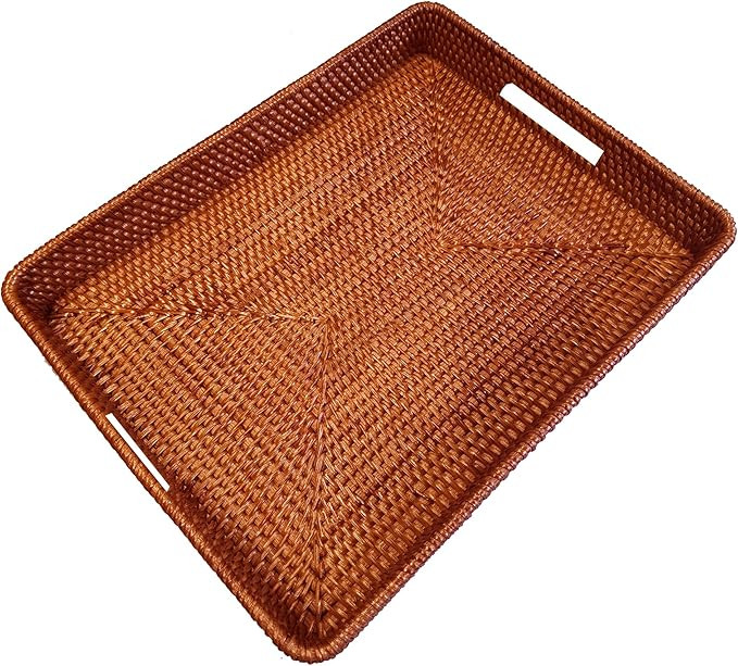i-lan 17 Inch Oversize Handwoven Dark Brown Rattan Rectangular Serving Tray with Cutout Handles, ... | Amazon (US)