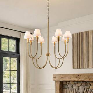 8-Light 32" Mid-century Modern Satin Brass Large Chandelier with White Linen Fabric Shades For Dining Room | The Home Depot