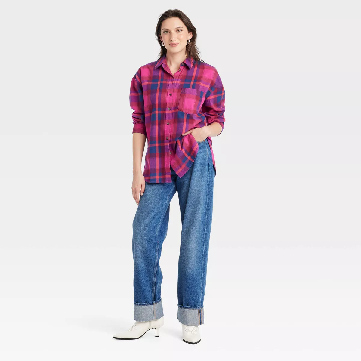Women's Oversized Flannel Long Sleeve Collared Button-Down Shirt - Universal Thread™ | Target