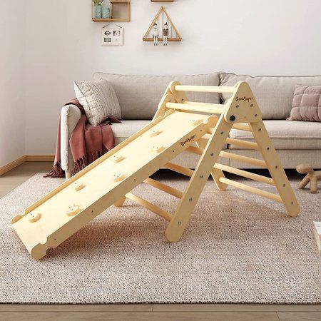 Foldable Pikler Triangle Climber with Ramp 2-in-1 Wooden Climbing Triangle Set with Ladder & Slide M | Walmart (US)