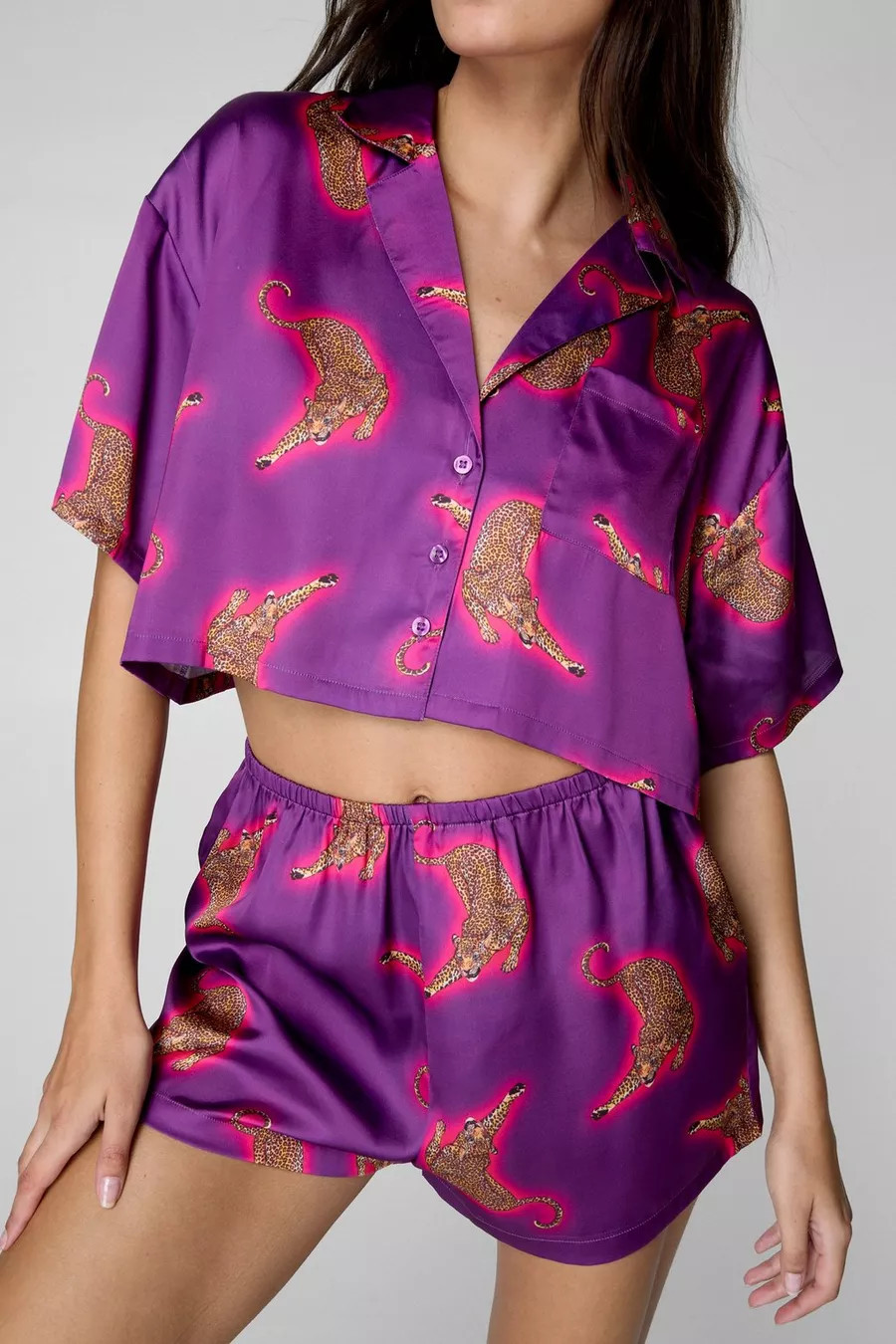 Satin Ombre Leopard Boxy Pajama Shirt And Short Set | Nasty Gal US