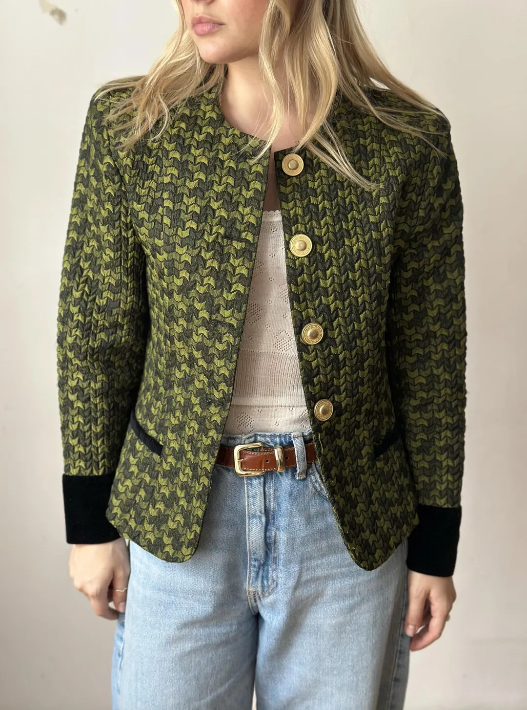 Green Textured Blazer With Velvet Details and Gold Color Statement Buttons / 80s Style Brocade Ja... | Etsy (US)
