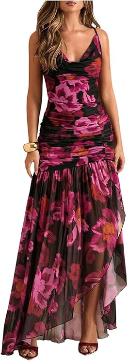 Floerns Women's Floral Cowl Neck Halter Dress Sleeveless Split Ruffle Vacation Maxi Dresses | Amazon (US)