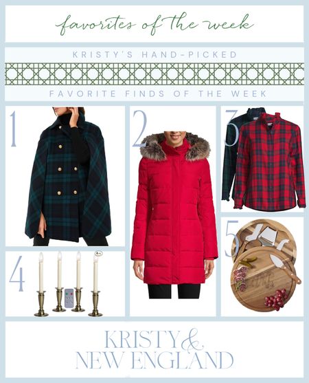 My top picks: Blackwatch cape- have and love, red down parka (on sale), plaid flannel ruffle shirts- have and love, available in tall, battery operated window candles- ordered more because they are good ones, round charcuterie board and cheese knife set with monogram- makes a great gift!

#LTKGiftGuide #LTKHoliday #LTKsalealert