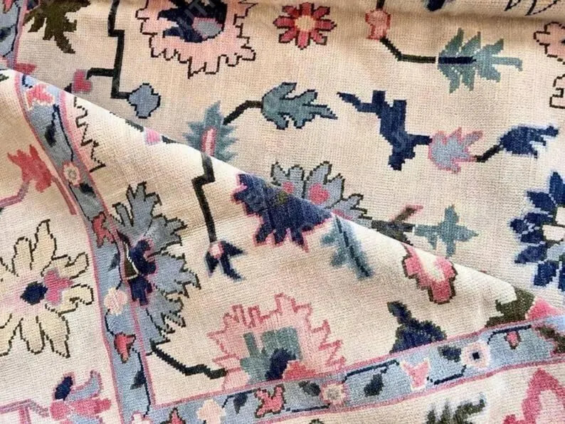 Hand-knotted Trending Oushak Wool Carpet - Pastel Floral Rug, Vintage Turkish Style - Etsy | Etsy (Global)