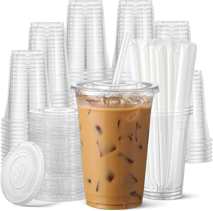 AOZITA 100 Pack - 16 oz Clear Plastic Cups with Lids and Straws, Food Safe Disposable Iced Coffee... | Amazon (US)