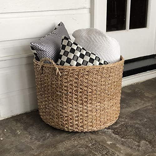 Round Woven Wicker Rattan Large Blanket Floor Storage Basket with Handles perfect Big Empty Decor... | Amazon (US)