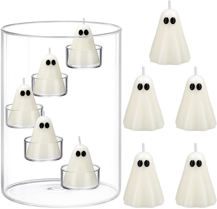 5 Pcs Halloween Glass Hurricane Candle Holder with Ghost Candles, Clear Cylinder Candle Holder fo... | Amazon (US)