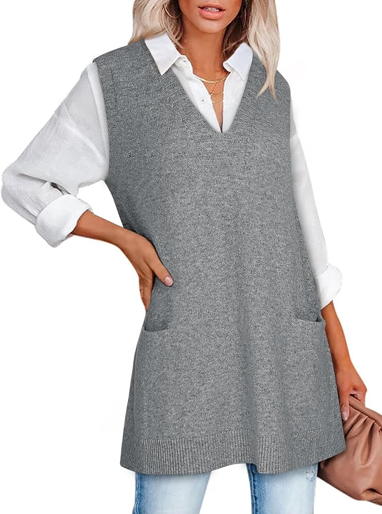 Sweater Vest Women Sleeveless V Neck Oversized Knit Tops Tunic Dress with Pockets Fall Fashion 20... | Amazon (US)