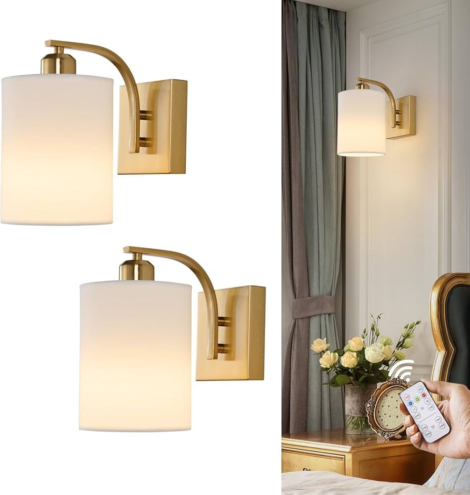 Gold Rechargeable Battery Operated Wall Sconces Set of 2 with Remote, Wireless Dimmable Battery P... | Amazon (US)