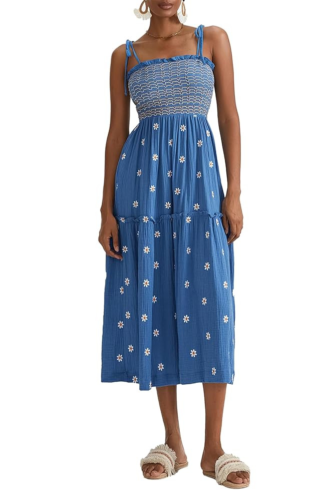 Women Floral Embroidered Maxi Dress Sleeveless Tie Shoulder Smocked Flowy Dress Boho Summer Sundr... | Amazon (US)