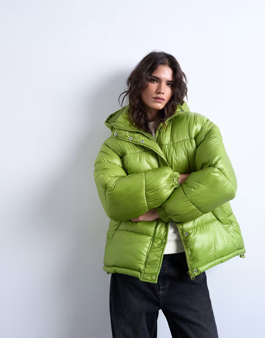 Topshop High shine ripstop funnel neck puffer jacket in bright green | ASOS (Global)