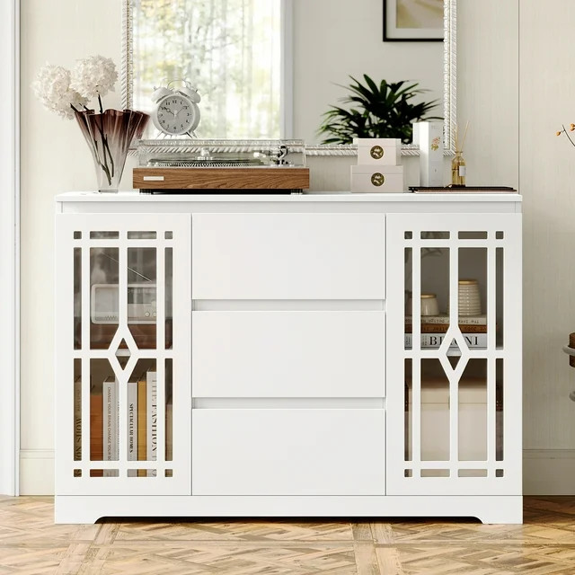 Homfa Buffet Cabinet with Storage, 3 Drawers Storage Cabinet with Glass Door for Living Room, Whi... | Walmart (US)
