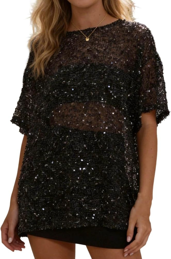 Women Oversized Sequin Knit T-Shirt Semi Sheer Short Sleeve Glitter Tee Top Y2K Sparkly Crochet C... | Amazon (US)